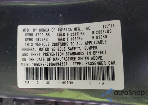 2016 Honda Accord Lx from USA, damaged, VIN 1HGCR2F39GA094207